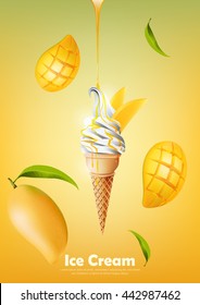 Ice cream in the cone, Pour mango syrup and a lot of mango background, transparent Vector