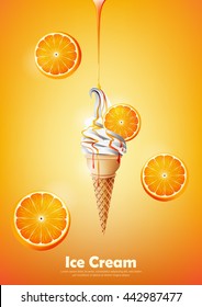 Ice cream in the cone, Pour orange syrup and a lot of orange background, transparent Vector