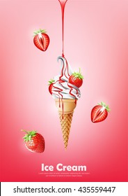 Ice cream in the cone, Pour strawberry syrup and a lot of strawberry background, transparent Vector