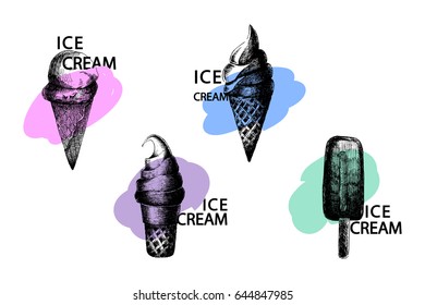 Ice cream cone prints set. Vector. Colorful background. Isolated on white. Hand drawn ice cream sketch with paint stroke and trendy typography. For menu design, bar, birthday, anniversary, party.