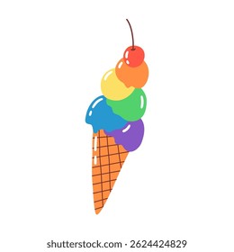 Ice cream cone with rainbow scoops and cherry on top. Hand drawn vector illustration.