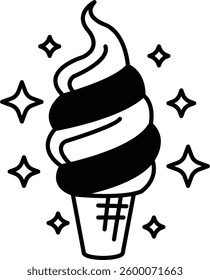ice cream cone with a rainbow swirl and a flame on top