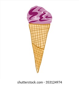 Ice cream cone with red scoop isolated on white background.
