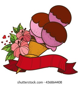 Ice cream cone with ribbon banner. Sweets, desserts color illustration.
