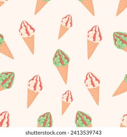 Ice cream in a cone rich in fruity taste and aroma, dessert, confectioner, sugar, vector, illustration, isolated, background, art, food, jam, waffle cone, seamless pattern