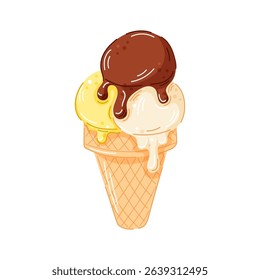 Ice cream cone with scoops of chocolate, vanilla and lemon flavor melting on top in a waffle cone isolated on white background. Perfect cartoon style design for summer dessert design and cafe logo.
