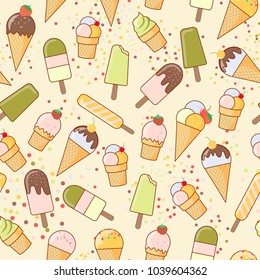 Ice cream cone seamless pattern on light yellow background and color dots. Ice cream illustration background