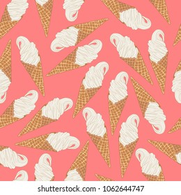 Ice cream cone seamless pattern. Vector illustration on pastel pink background