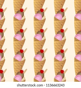 Ice cream cone seamless pattern, with three scoops, chocolate, vanilla, fruit, cherry on top, wafer, stick, white background, vector for backdrop, packaging, wallpaper, surface or fabric print, game.
