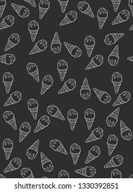 Ice cream cone seamless pattern on dark gray background. Doodle vector illustration background 
