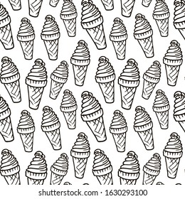 Ice cream cone seamless pattern. Line pattern of sweet food. Vector coloring page
