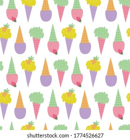 Ice cream cone seamless pattern on light green background. Ice cream hand drawn flat illustration texture.