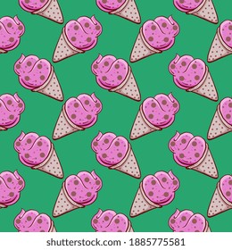 Helado en un cono, sin fisuras en un fondo verde.