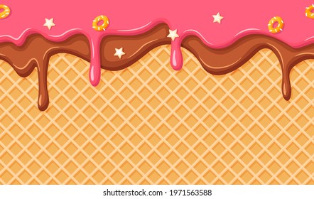 Ice cream cone seamless pattern. Waffle texture with melting strawberry and chocolate glaze. Dripping syrup with sprinkles vector background. Topping smudges on waffle. Horizontal crispy element