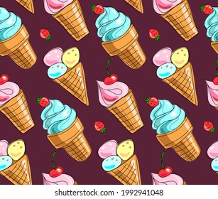 Ice cream cone. Seamless pattern. Ice cream in a waffle cup. Vector 