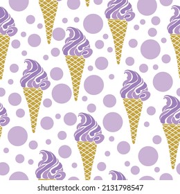 Ice cream cone seamless pattern, gently purple dessert and dots on a white background vector illustration