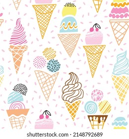 Ice cream cone seamless pattern. Cute doodle hand drawn pattern