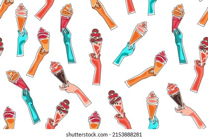 Ice cream cone seamless pattern on white background. Vector illustration.