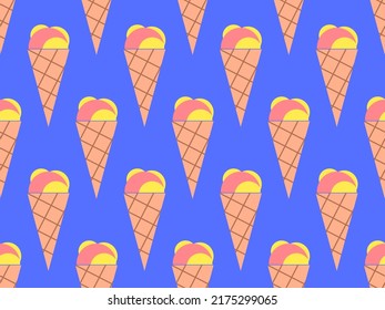 Ice cream cone seamless pattern. Ice cream in a wafer-style cone. Summer background with ice cream in pop art style. Design for banners, promotional products and wrapping paper. Vector illustration