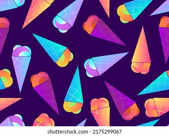 Patrón sin fisuras del cono de helado. Helado en un cono de wafer. Fondo de verano con helado degradado. Diseño para banners, productos promocionales y papel envolvente. Ilustración del vector