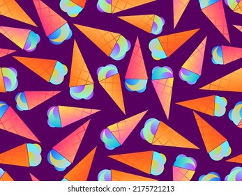 Patrón sin fisuras del cono de helado. Helado en un cono de wafer. Fondo de verano con helado degradado. Diseño para banners, productos promocionales y papel envolvente. Ilustración del vector