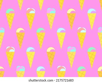 Ice cream cone seamless pattern. Ice cream in a wafer-style cone. Summer background with ice cream in pop art style. Design for banners, promotional products and wrapping paper. Vector illustration