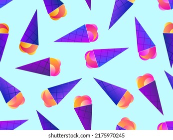 Ice cream cone seamless pattern. Ice cream in a wafer-style cone. Summer background with gradient ice cream. Design for banners, promotional products and wrapping paper. Vector illustration