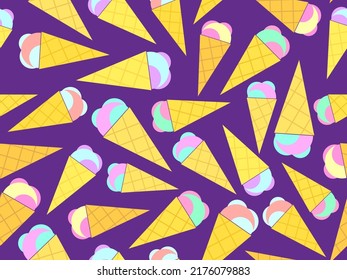 Ice cream cone seamless pattern. Ice cream in a wafer-style cone. Summer background with ice cream in pop art style. Design for banners, promotional products and wrapping paper. Vector illustration