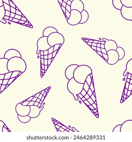 Ice cream cone seamless pattern.Ice cream scoop in a waffle cone outline pattern for summer prints.Vector illustration