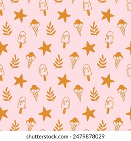 Ice Cream Cone Seamless Pattern Background. Hand Drawn Doodles Print Texture. Wallpaper, Minimal Textile Print Design Vector Illustration, Vintage Retro Style