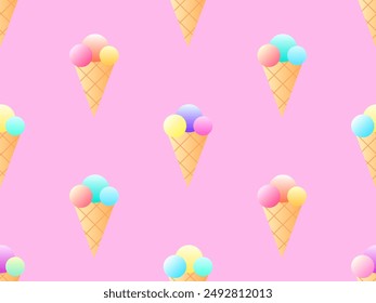 Ice cream cone seamless pattern. Ice cream in a wafer-style cone. Summer background with gradient ice cream. Design for banners, promotional products and wrapping paper. Vector illustration