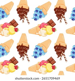 Ice cream cone seamless pattern with blueberry, raspberry fruit, chocolate bar and stick on top in cartoon style. Perfect for dessert menu, summer packaging graphic design.