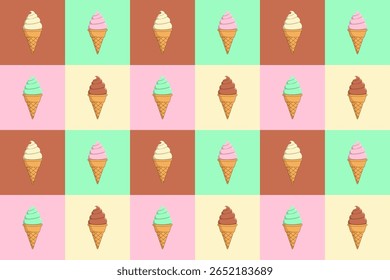 An ice cream cone seamless pattern with pastel color background creates playful and cheerful design for summer themes, This vector drawing tools and software, not generated by AI