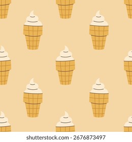 Patrón sin fisuras del cono del helado en estilo plano moderno. Fondo de postre dulce minimalista dibujado a mano beige. Decoración de Summer Café. Repite la Ilustración vectorial.