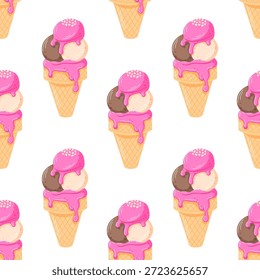 Patrón de cono de helado sin fisuras con esmalte de goteo rosa coronado con salpicaduras en forma de corazón en estilo plano. Diseño de fondo para la celebración, tema de verano y vacaciones románticas.