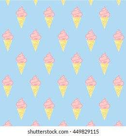 Ice cream cone seamless pattern in flat design on blue background. Pastel colors. vector illustration.