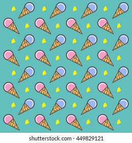 Ice cream cone seamless pattern in flat design on green background. Pastel colors. vector illustration.