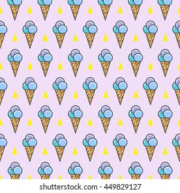 Ice cream cone seamless pattern in flat design on violet background. Pastel colors. vector illustration.