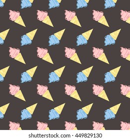 Ice cream cone seamless pattern in flat design on brown background. Pastel colors. vector illustration.