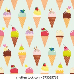 Ice cream cone seamless pattern background. Realistic. Bright and pastel colors. For print and web.