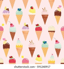 Ice cream cone seamless pattern background. Realistic. Bright and pastel colors. For print and web.