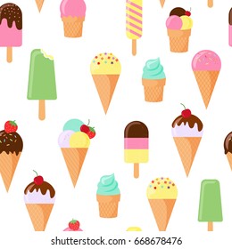 Ice cream cone seamless pattern. Ice cream vector illustration and white background..