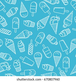 Ice Cream Cone Seamless Pattern In Blue Background. Ice Cream Line Illustration Background.