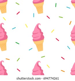 Ice cream cone seamless pattern Vector illustration. Cute ice cream with sprinkles on white background.