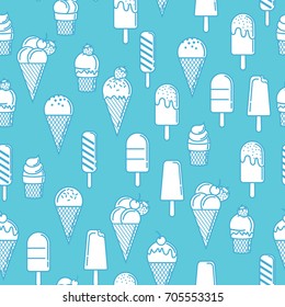 Ice cream cone seamless pattern in blue background. Ice cream line illustration background.