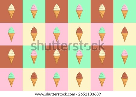 An ice cream cone seamless pattern with pastel color background creates playful and cheerful design for summer themes, This vector drawing tools and software, not generated by AI