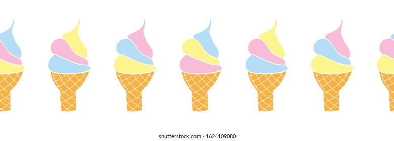 Ice cream cone seamless vector border. Waffle cones with soft ice cream. Use for cards, kids decor, banners, footer, divider, header, store advertisement 