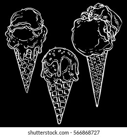 Ice cream cone set hand drawn stock vector illustration. Chalk on blackboard line art sketch