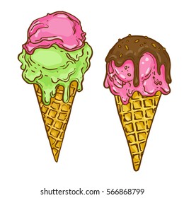 Ice cream cone set isolated hand drawn stock vector illustration