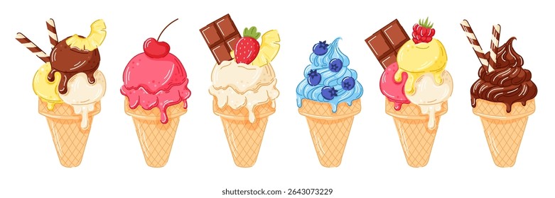 Ice cream cone set with melting scoop and cherry, pineapple, strawberry, chocolate bar, blueberry, raspberry on top in waffle cone in cartoon style. Ideal for dessert menu, summer sweet, food design.